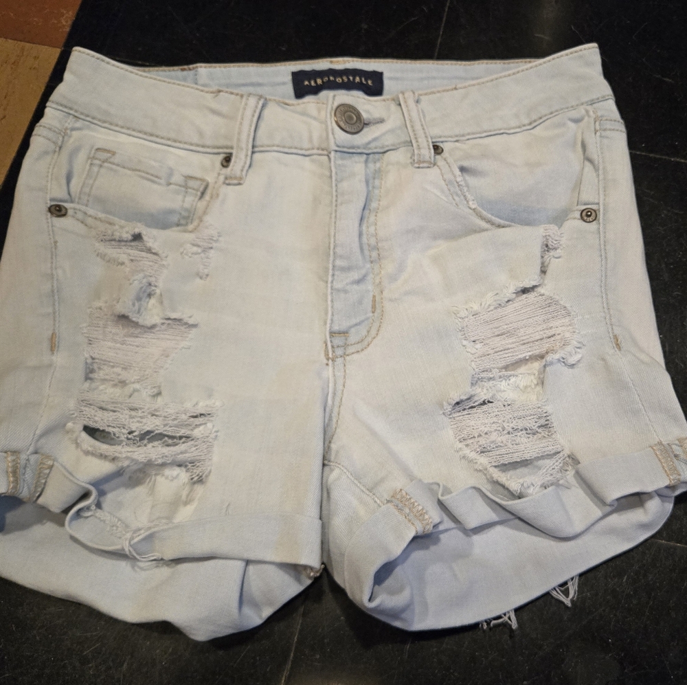 Aeropostale high waisted midi very light blue jean shorts distressed misses 4 GU